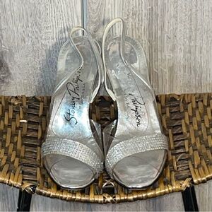 Stanley Philipson Vintage High Heel Slingback Sandals Clear Gold & Rhinestones 9